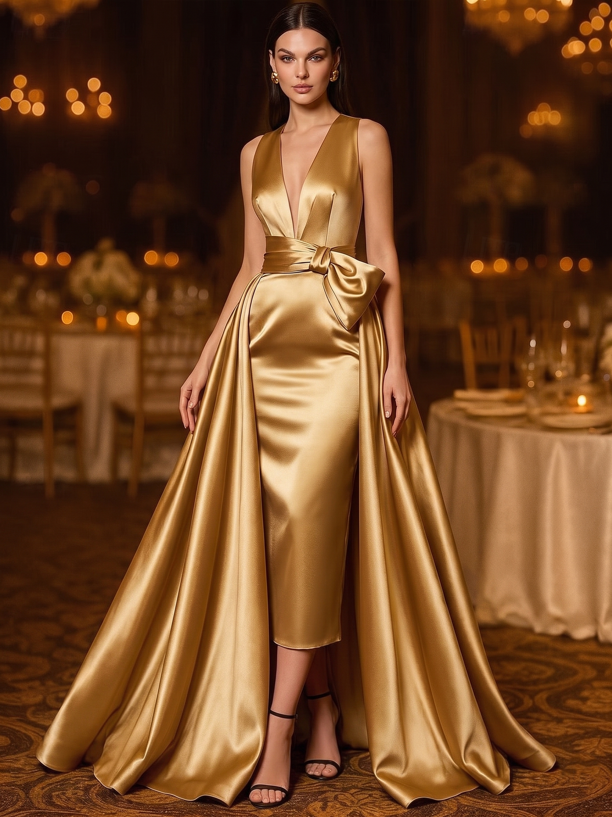 A-Line/Princess Evening Gown Elegant Formal Dress Floor Length Sleeveless V-Neck Satin With Bowknot