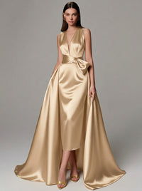 A-Line/Princess Evening Gown Elegant Formal Dress Floor Length Sleeveless V-Neck Satin With Bowknot