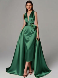A-Line/Princess Evening Gown Elegant Formal Dress Floor Length Sleeveless V-Neck Satin With Bowknot
