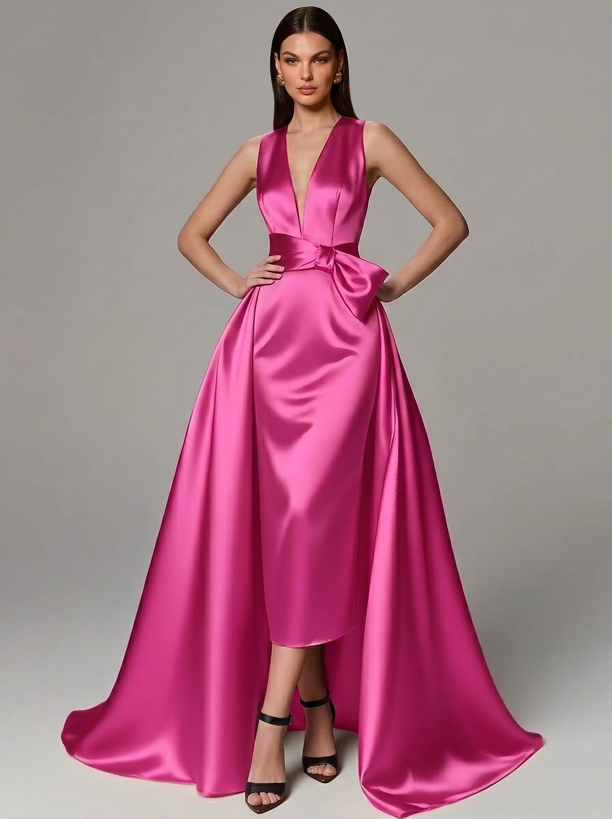 A-Line/Princess Evening Gown Elegant Formal Dress Floor Length Sleeveless V-Neck Satin With Bowknot