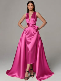 A-Line/Princess Evening Gown Elegant Formal Dress Floor Length Sleeveless V-Neck Satin With Bowknot