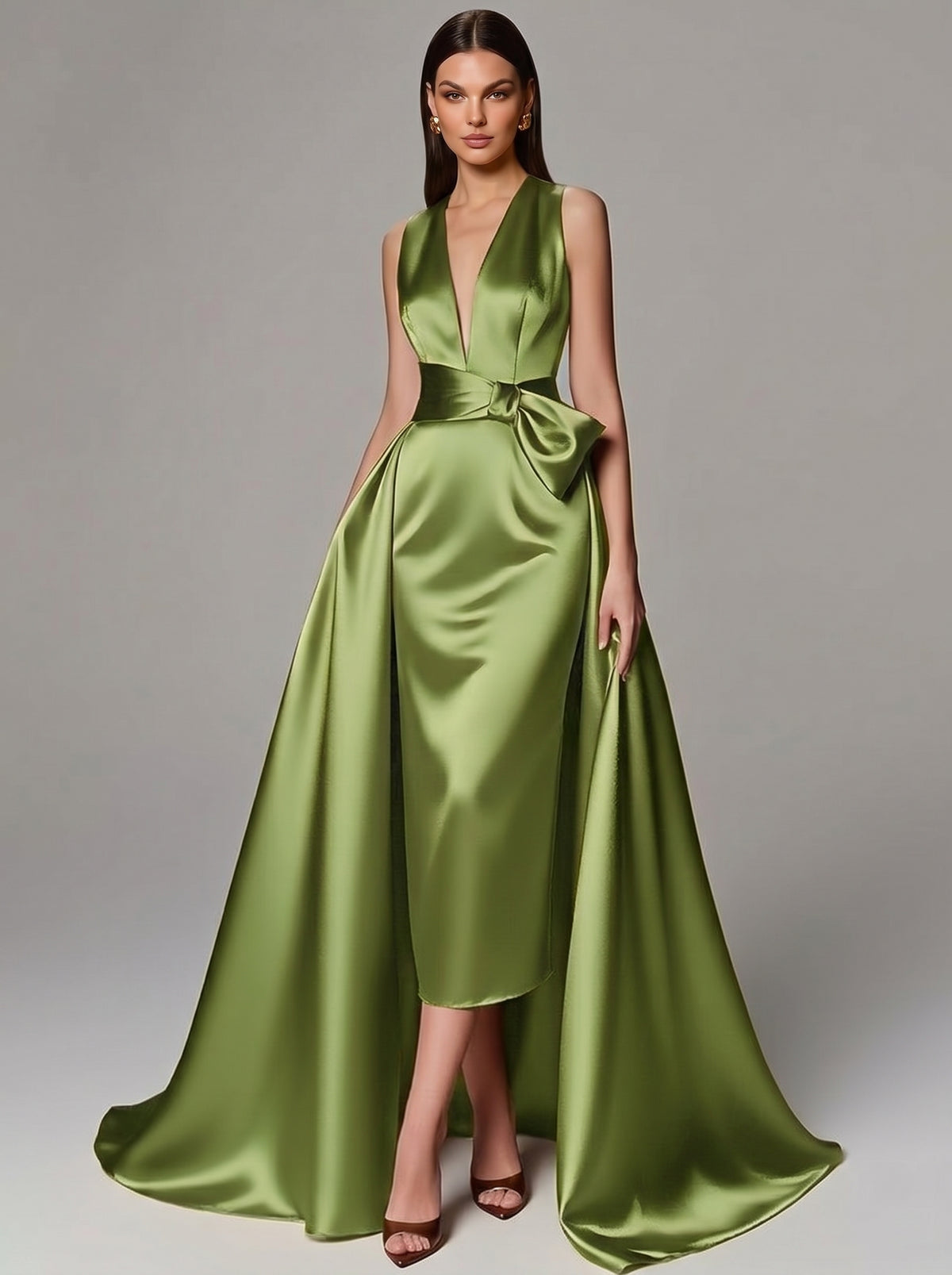 A-Line/Princess Evening Gown Elegant Formal Dress Floor Length Sleeveless V-Neck Satin With Bowknot
