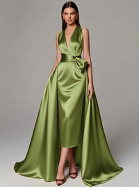 A-Line/Princess Evening Gown Elegant Formal Dress Floor Length Sleeveless V-Neck Satin With Bowknot