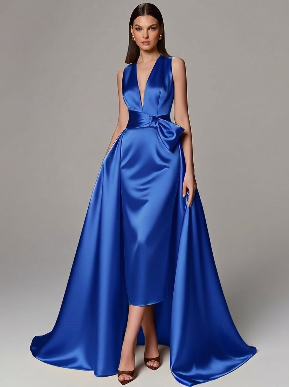 A-Line/Princess Evening Gown Elegant Formal Dress Floor Length Sleeveless V-Neck Satin With Bowknot
