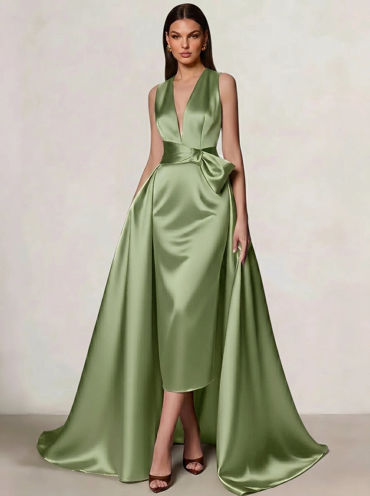 A-Line/Princess Evening Gown Elegant Formal Dress Floor Length Sleeveless V-Neck Satin With Bowknot