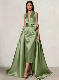 A-Line/Princess Evening Gown Elegant Formal Dress Floor Length Sleeveless V-Neck Satin With Bowknot