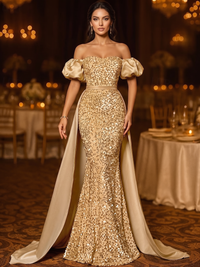 Mermaid / Trumpet Evening Gown Sequins Elegant Formal Dress Floor Length Short Sleeves Off Shoulder Sequined Dress