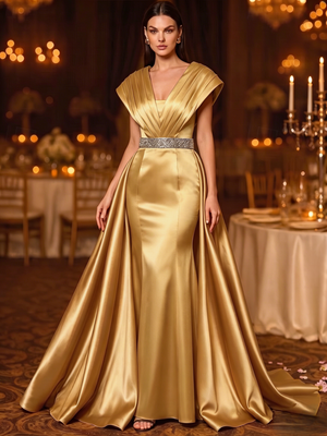 A-Line Evening Gown V-Neck Sleeveless Court Train Satin Mother of the Bride Dresses With Rhinestone