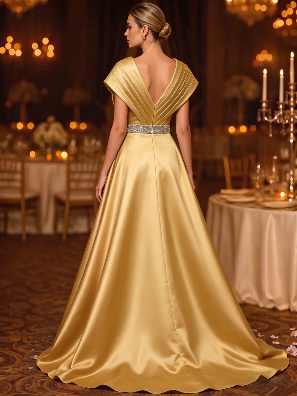 A-Line Evening Gown V-Neck Sleeveless Court Train Satin Mother of the Bride Dresses With Rhinestone