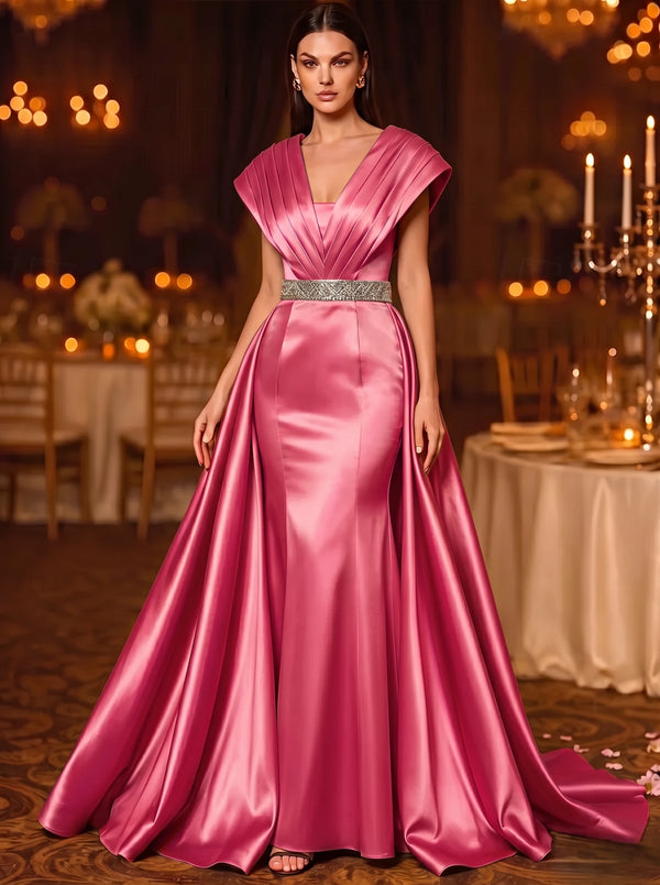 A-Line Evening Gown V-Neck Sleeveless Court Train Satin Mother of the Bride Dresses With Rhinestone