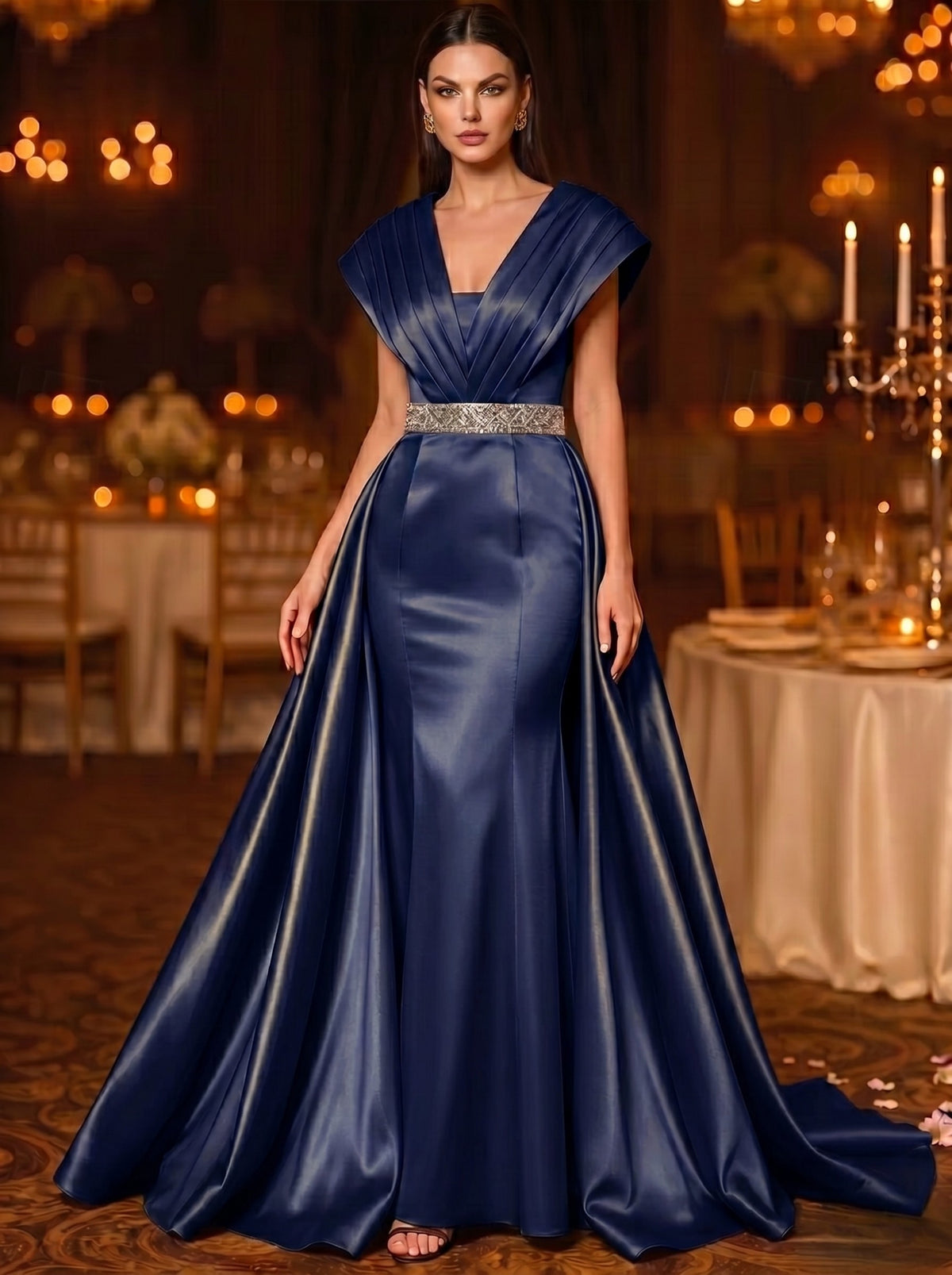 A-Line Evening Gown V-Neck Sleeveless Court Train Satin Mother of the Bride Dresses With Rhinestone