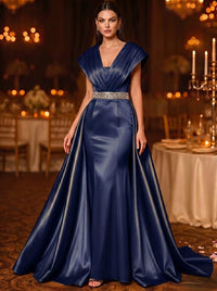 A-Line Evening Gown V-Neck Sleeveless Court Train Satin Mother of the Bride Dresses With Rhinestone