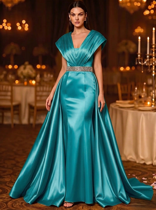 A-Line Evening Gown V-Neck Sleeveless Court Train Satin Mother of the Bride Dresses With Rhinestone