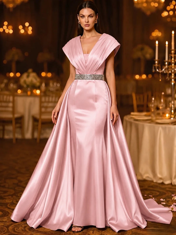 A-Line Evening Gown V-Neck Sleeveless Court Train Satin Mother of the Bride Dresses With Rhinestone