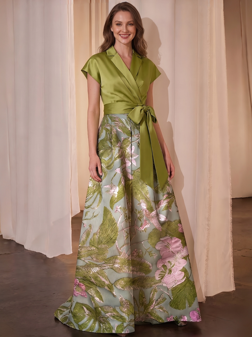A-Line/Princess Evening Dresses Satin Jacquard Floral Formal Short Sleeves Floor-Length Mother of the Bride Dresses With Pocket