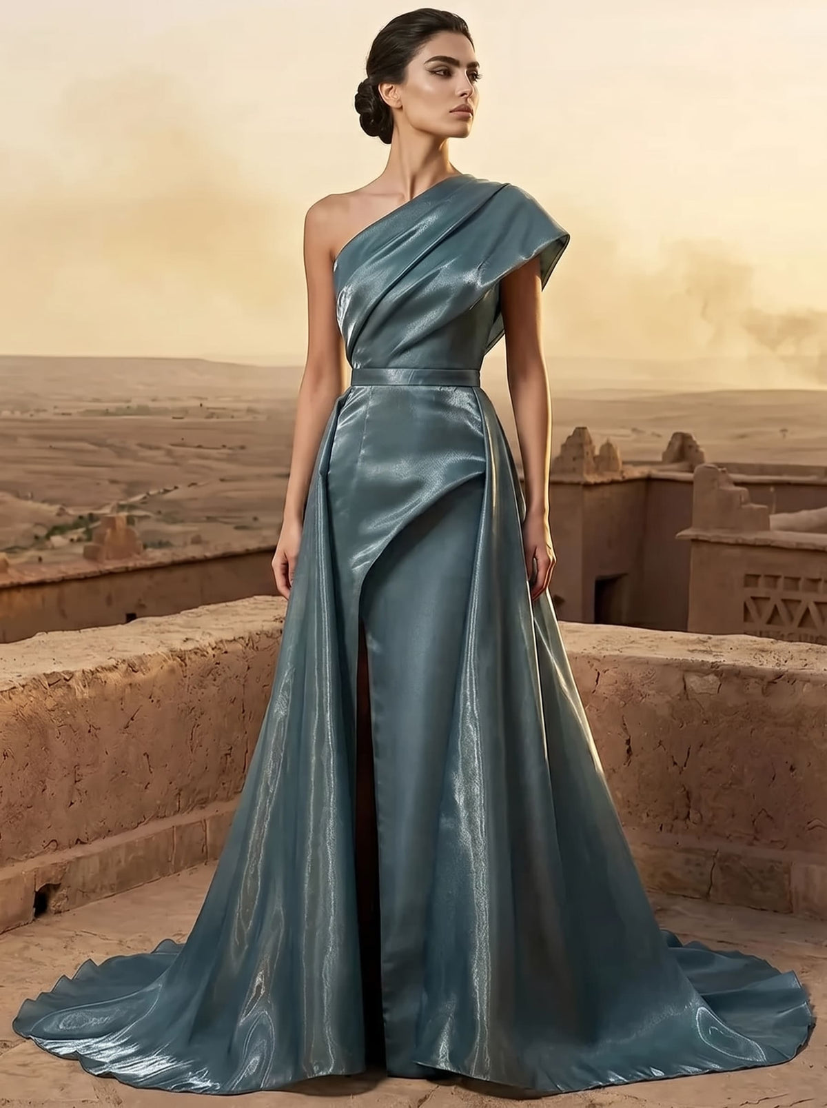 A-Line/Princess Evening Dress One-Shoulder Asymmetrical Sleeveless Floor-Length Formal Corset With High Slit