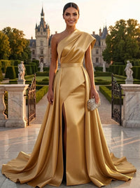 A-Line/Princess Evening Dress One-Shoulder Asymmetrical Sleeveless Floor-Length Formal Corset With High Slit