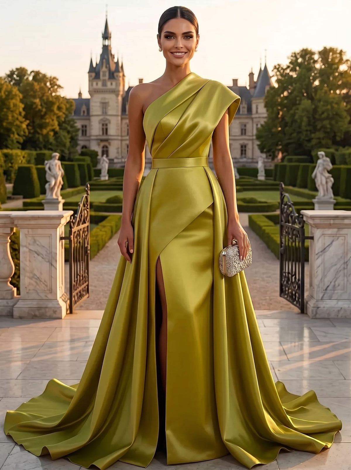 Nafori Olive Green A-Line/Princess Evening Dress One-Shoulder Asymmetrical Sleeveless Floor-Length Formal Corset With High Slit 2026