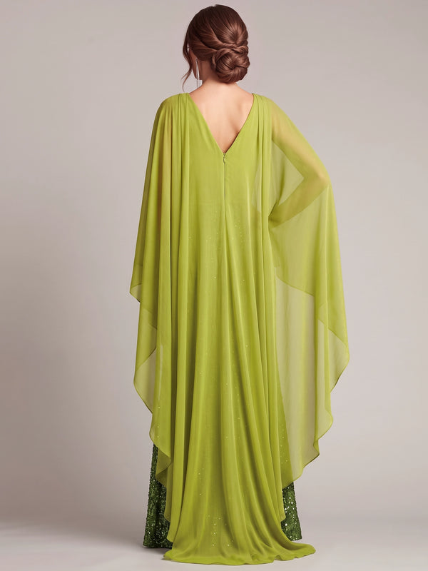 Sheath/Column Mother Of The Bride Dresses Sequins Green Formal Wedding Guest Floor Length Cape Long Sleeve V Neck Party Dress
