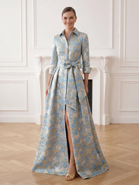 A字型晚礼服优雅碎花裙无袖及地口袋提花肩花褶皱新娘母亲礼服