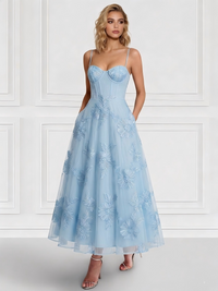 A Line/Princess Cocktail Dresses Spaghetti Straps Floral Wedding Guest Dresses Ankle-length With Flower Embroidery Dress