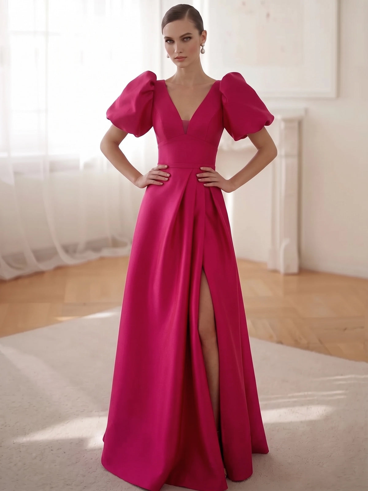 A-Line Evening Dress Satin V Neck Short Puff Sleeves Floor Length Fuchsia Formal Wedding Guest Dress With High Slit