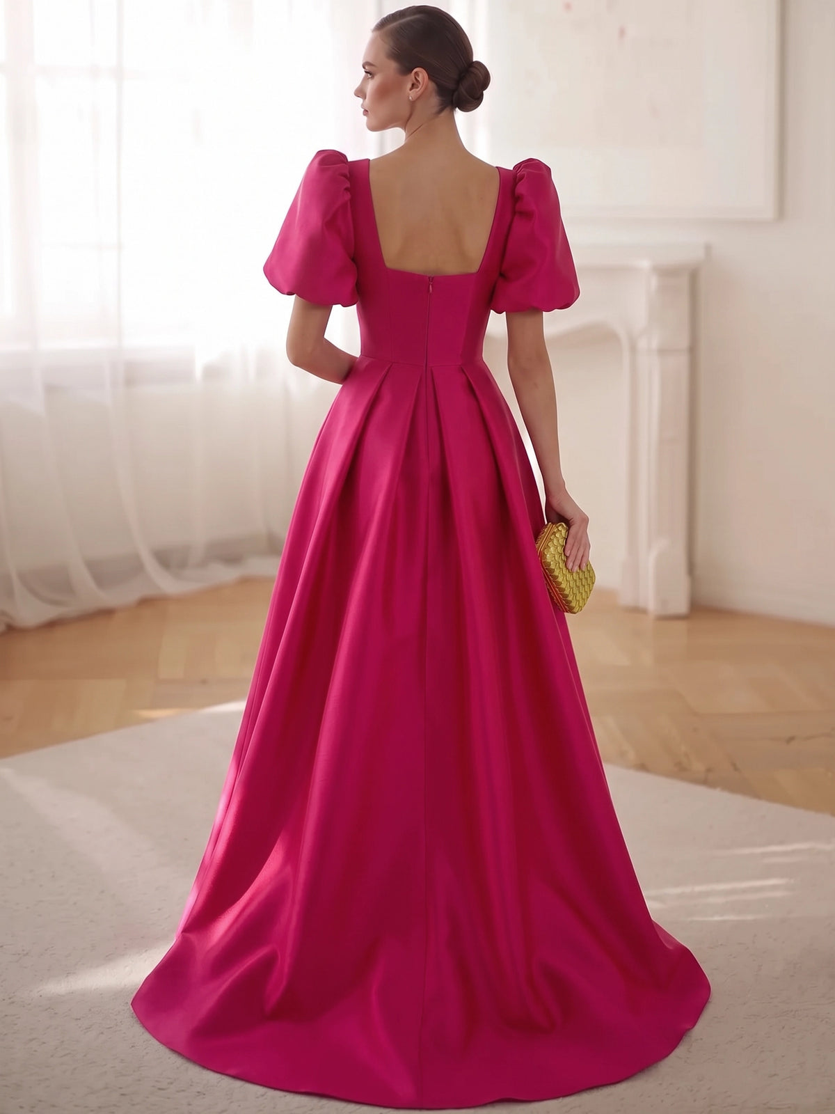 A-Line Evening Dress Satin V Neck Short Puff Sleeves Floor Length Fuchsia Formal Wedding Guest Dress With High Slit