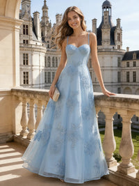 A Line/Princess Evening Dresses Blue Spaghetti Straps Basque Waist Floral Wedding Guest Dresses Floor-length With Flower Embroidery Dress