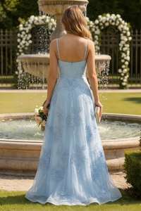 A Line/Princess Evening Dresses Blue Spaghetti Straps Basque Waist Floral Wedding Guest Dresses Floor-length With Flower Embroidery Dress