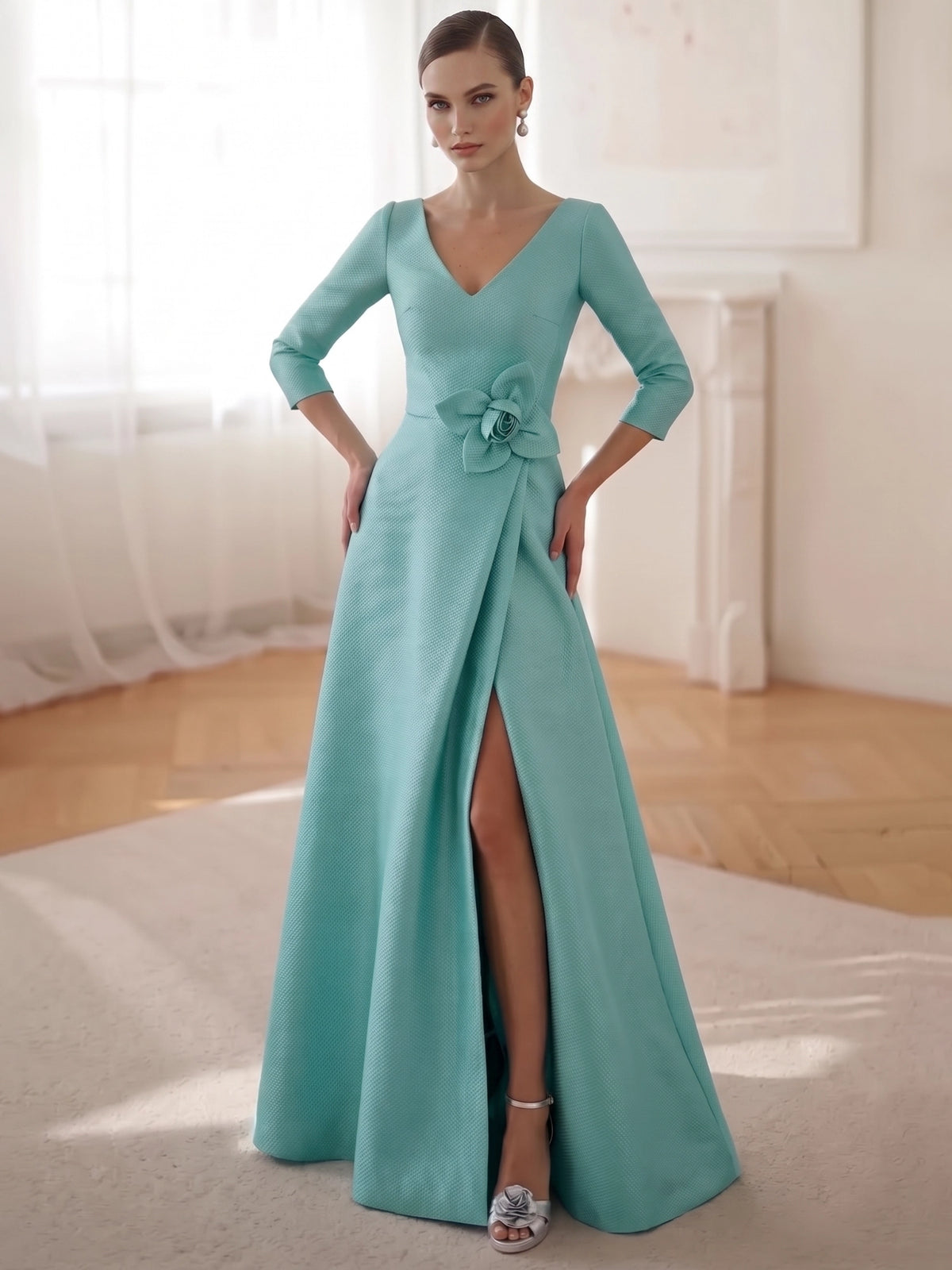 A-Line Evening Dress Satin V Neck Long 3/4 Sleeves Floor Length Aqua Blue Formal Wedding Guest Dress With 3D Floral High Slit