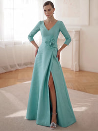 A-Line Evening Dress Satin V Neck Long 3/4 Sleeves Floor Length Aqua Blue Formal Wedding Guest Dress With 3D Floral High Slit