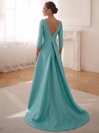 A-Line Evening Dress Satin V Neck Long 3/4 Sleeves Floor Length Aqua Blue Formal Wedding Guest Dress With 3D Floral High Slit