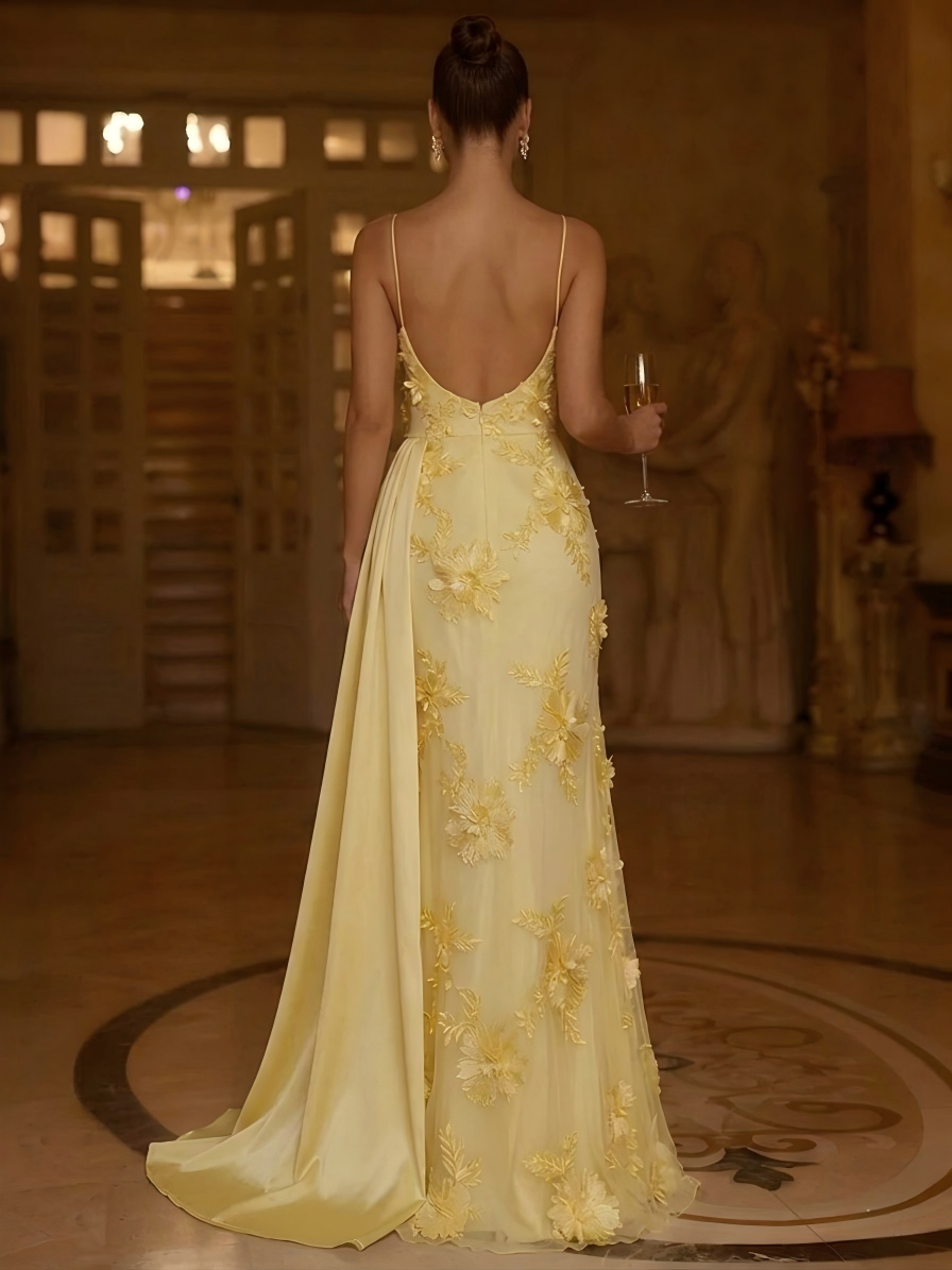 A Line/Princess Evening Dresses Spaghetti Straps Floral Wedding Guest Backless Dresses Floor-length With Flower Embroidery Streamer Ties