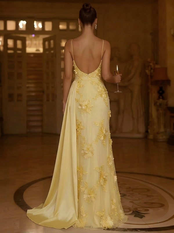 A Line/Princess Evening Dresses Spaghetti Straps Floral Wedding Guest Backless Dresses Floor-length With Flower Embroidery Streamer Ties