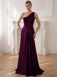 A-Line Evening Dress Satin One Shoulder Runched Sleeveless Floor Length Plum Formal Wedding Guest Dress