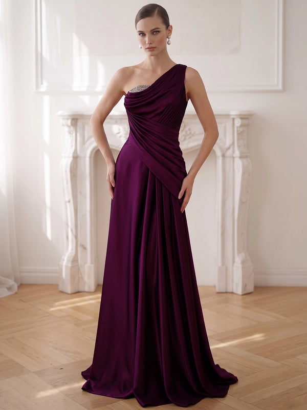 A-Line Evening Dress Satin One Shoulder Runched Sleeveless Floor Length Plum Formal Wedding Guest Dress
