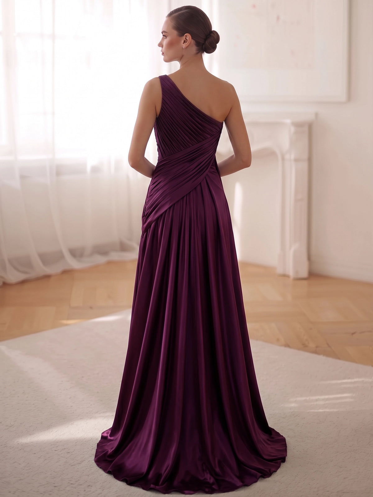A-Line Evening Dress Satin One Shoulder Runched Sleeveless Floor Length Plum Formal Wedding Guest Dress