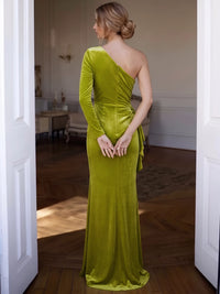 Sheath Velvet Evening Gown Floor Length One Shoulder Runched Long Sleeves Lime Green Elegant Formal Wedding Guest Dress With Ruffles