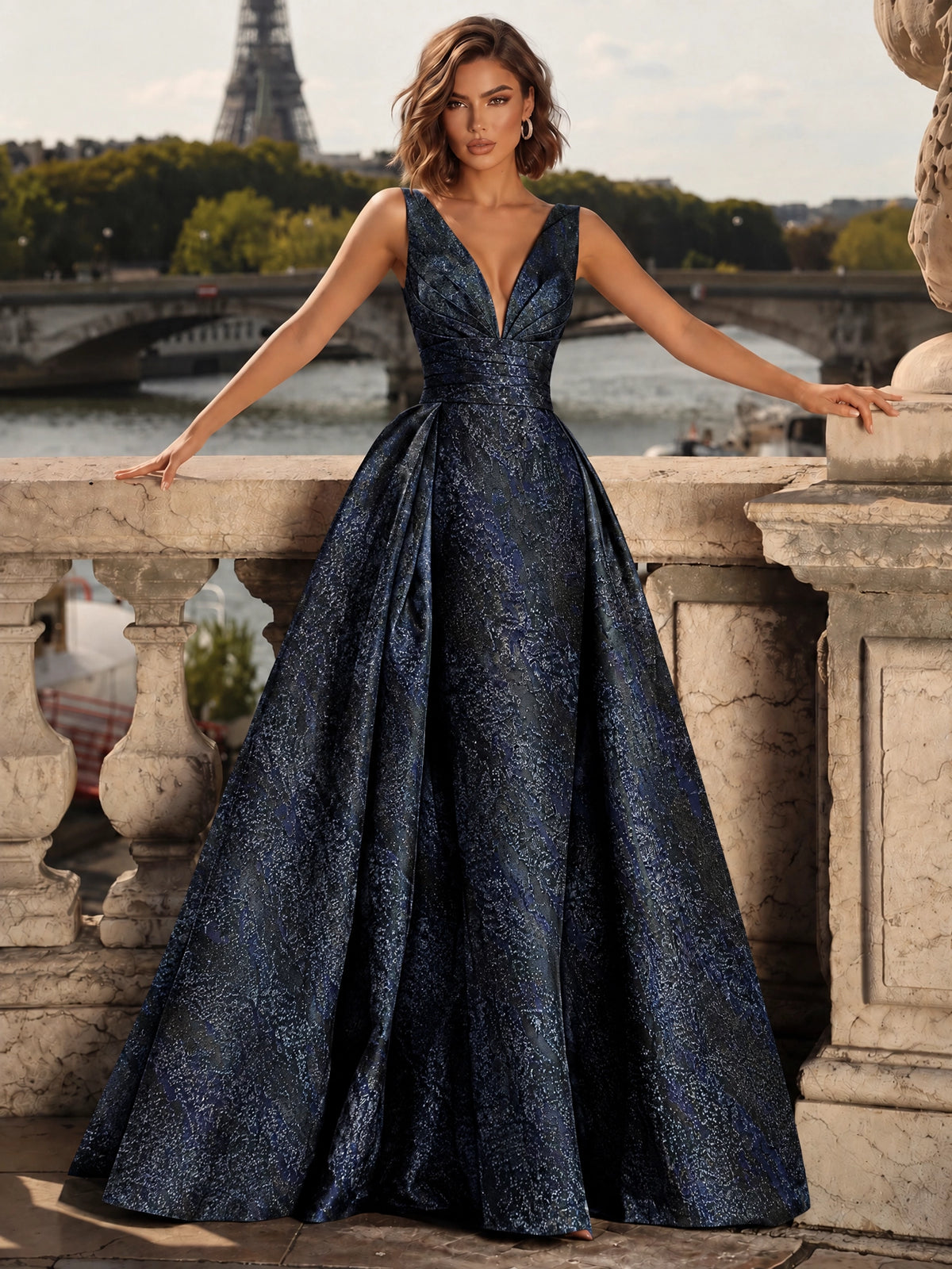 A-Line Evening Gown Floor Length V Neck Sleeveless Jacquard Elegant Formal Wedding Guest Dress With Overskirt