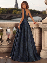 A-Line Evening Gown Floor Length V Neck Sleeveless Jacquard Elegant Formal Wedding Guest Dress With Overskirt