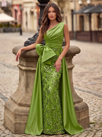 A-Line Evening Dresses Elegant Satin Sequins Floor-Length One-Shoulder Bow Sleeveless Formal Dresses Wedding Guest With Bow Overskirt