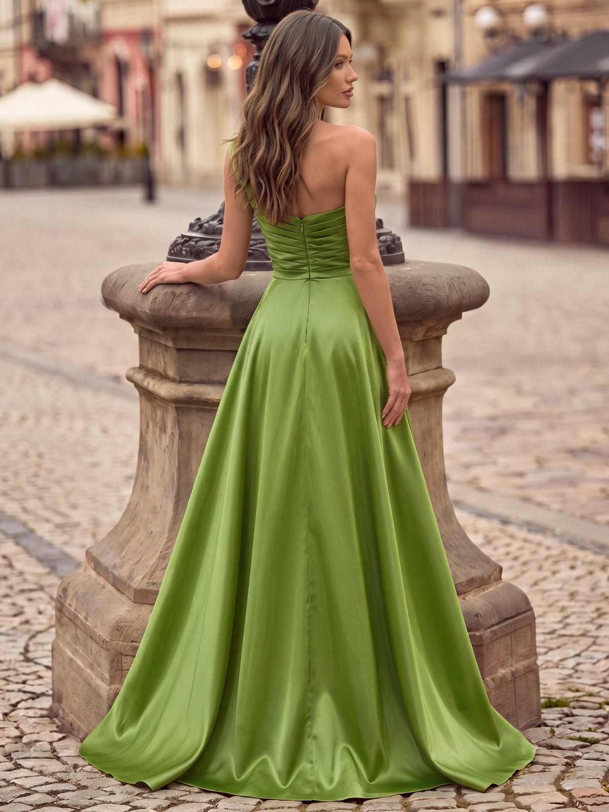 A-Line Evening Dresses Elegant Satin Sequins Floor-Length One-Shoulder Bow Sleeveless Formal Dresses Wedding Guest With Bow Overskirt
