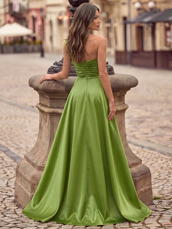 A-Line Evening Dresses Elegant Satin Sequins Floor-Length One-Shoulder Bow Sleeveless Formal Dresses Wedding Guest With Bow Overskirt