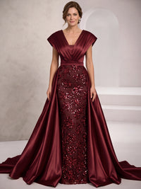 Sheath Mother Of The Bride Dresses Elegant Satin Sequins Floor-Length V Neck Sleeveless Formal Dresses Wedding Guest Burgundy Dress With Overskirt