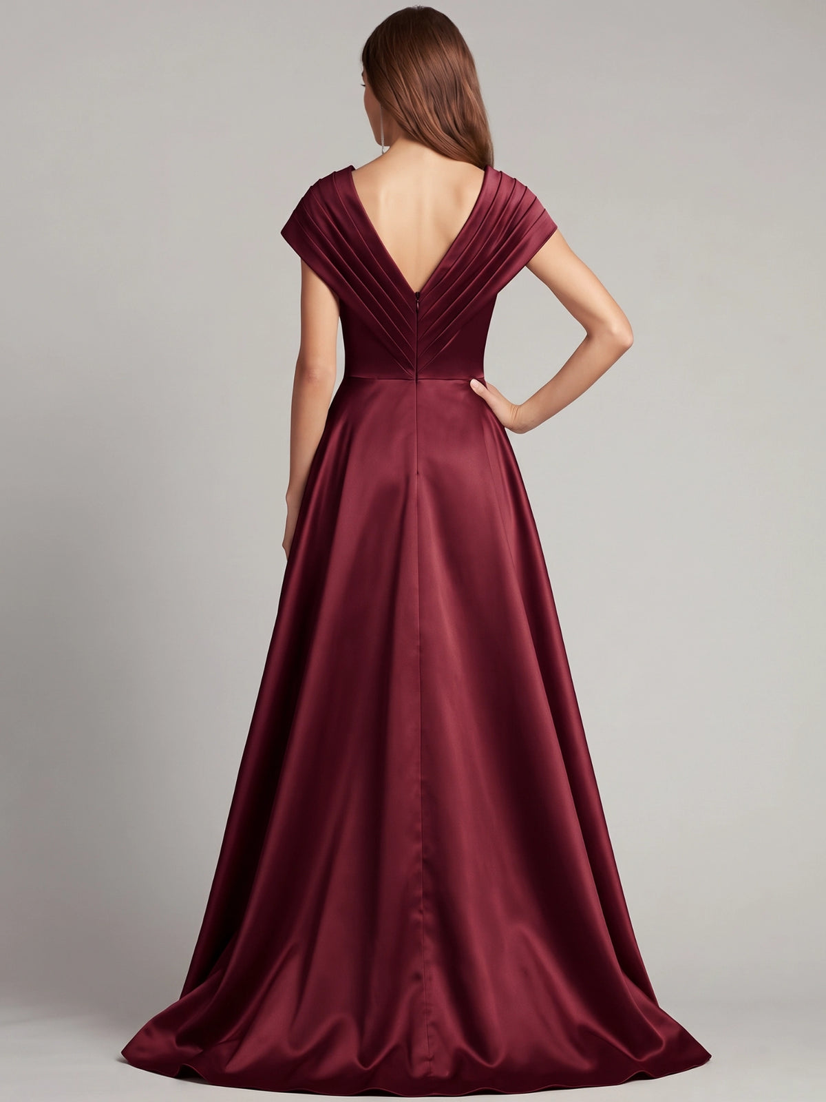 Sheath Mother Of The Bride Dresses Elegant Satin Sequins Floor-Length V Neck Sleeveless Formal Dresses Wedding Guest Burgundy Dress With Overskirt