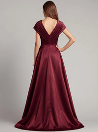 Sheath Mother Of The Bride Dresses Elegant Satin Sequins Floor-Length V Neck Sleeveless Formal Dresses Wedding Guest Burgundy Dress With Overskirt