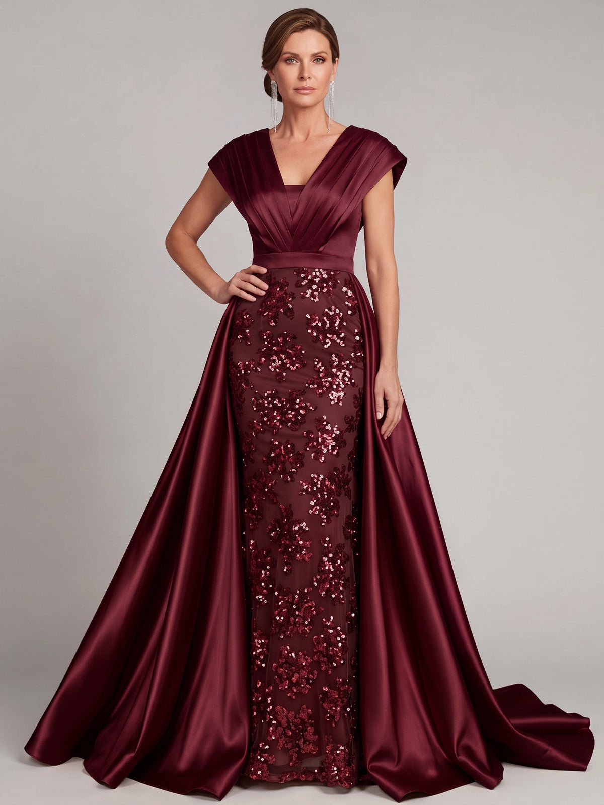 Sheath Mother Of The Bride Dresses Elegant Satin Sequins Floor-Length V Neck Sleeveless Formal Dresses Wedding Guest Burgundy Dress With Overskirt