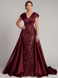 Sheath Mother Of The Bride Dresses Elegant Satin Sequins Floor-Length V Neck Sleeveless Formal Dresses Wedding Guest Burgundy Dress With Overskirt