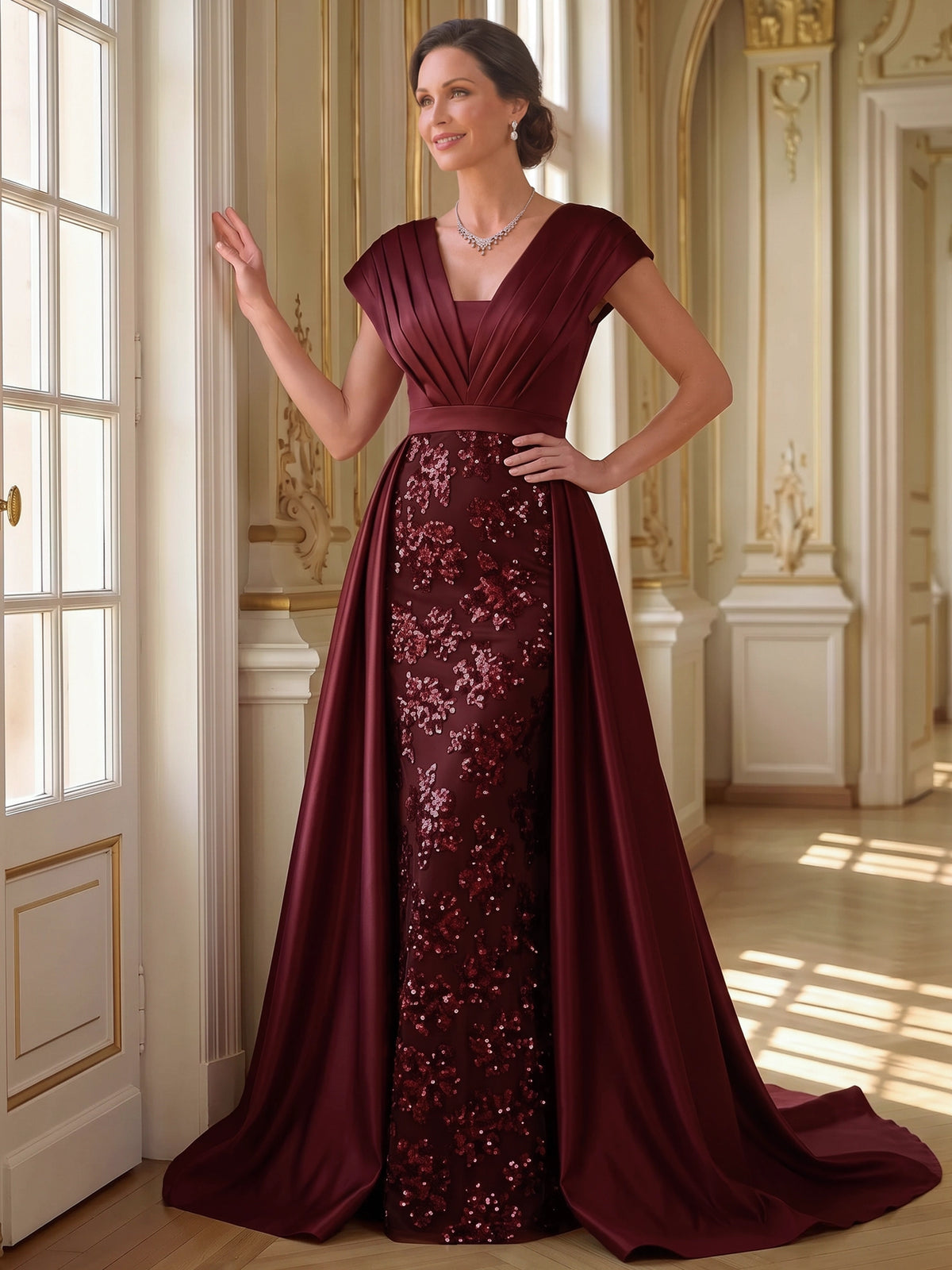Sheath Mother Of The Bride Dresses Elegant Satin Sequins Floor-Length V Neck Sleeveless Formal Dresses Wedding Guest Burgundy Dress With Overskirt