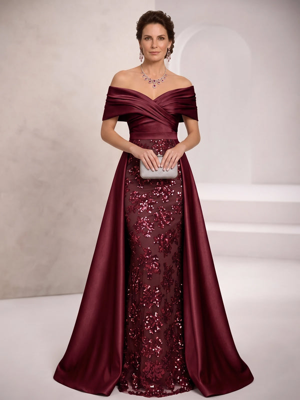 Sheath Mother Of The Bride Dresses Elegant Satin Sequins Floor-Length Off-The-Shoulder Bow Short Sleeves Formal Dresses Wedding Guest Burgundy Dress With Overskirt